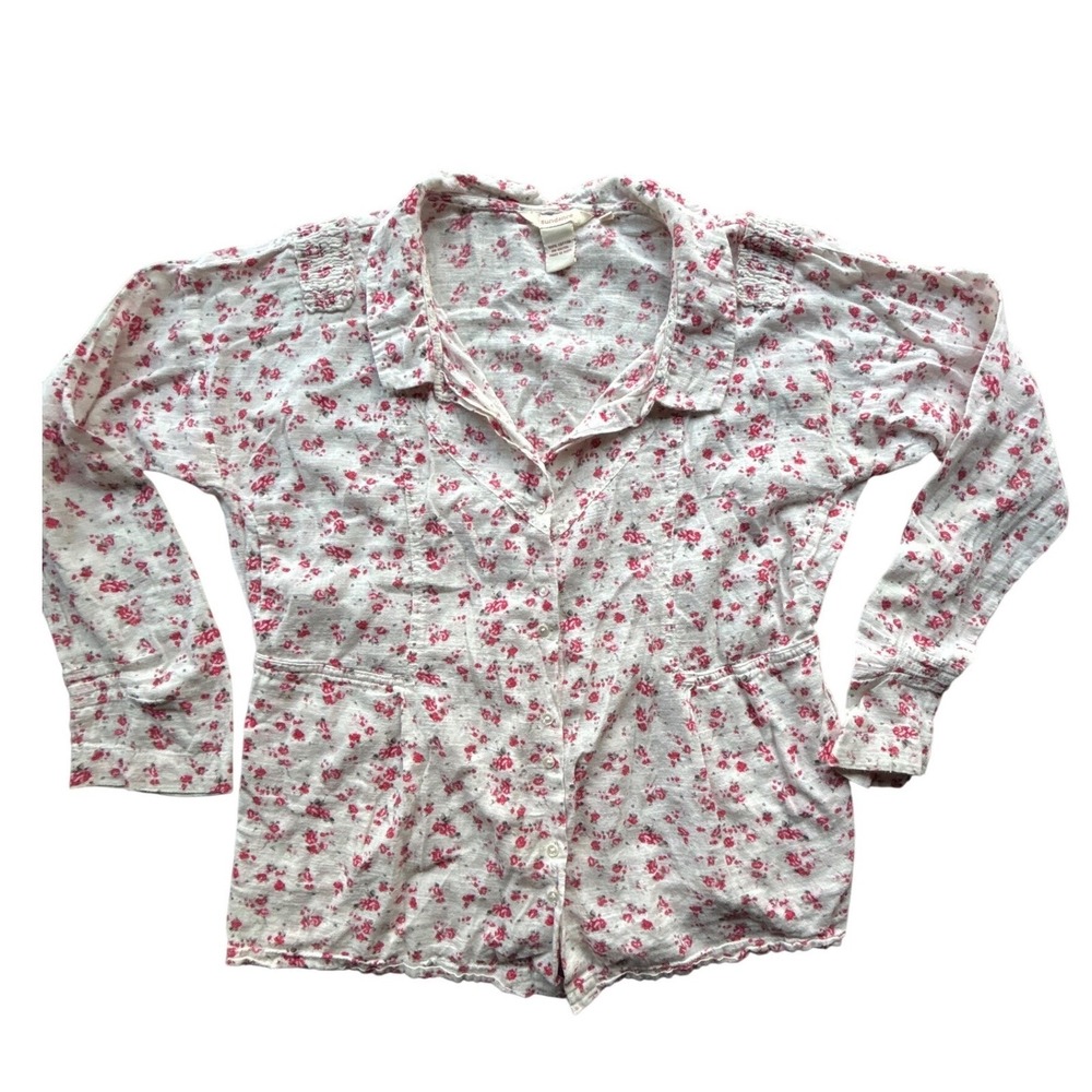 Sundance Small Pink Floral Cotton Button Front Blouse‎ Smocked Shoulder Cottage